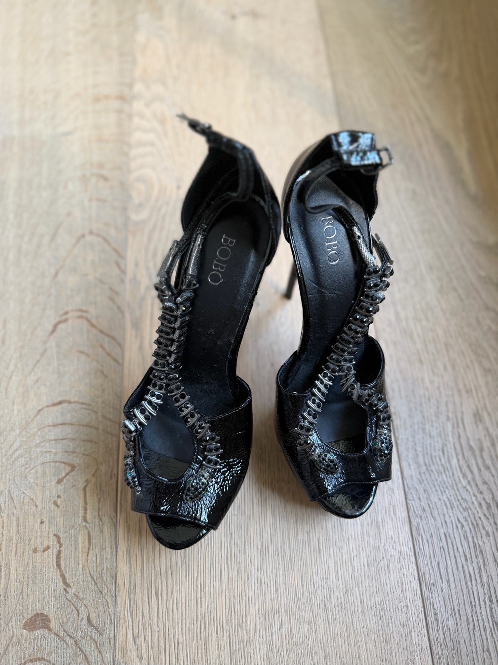 BO.BÔ Black Patent T-Strap High Heel Sandals
